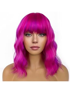 Vibrant Magenta Wavy Wig with Bangs - Unbranded